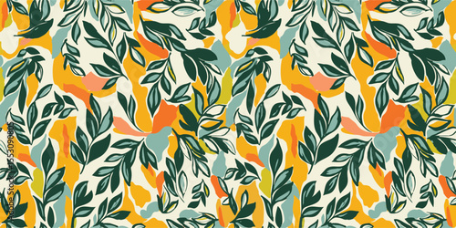 Vibrant, abstract seamless pattern with painterly leaves. A modern collage of green foliage with orange, yellow, and blue shapes. Energetic botanical design for fashion, textile, and decor