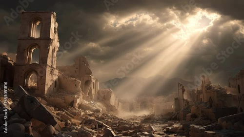 Photorealistic ruins of Jericho bathed in dramatic light, evoking a sense of loss and history. Symbolizes the biblical tale of conquest and faith (Joshua 6).