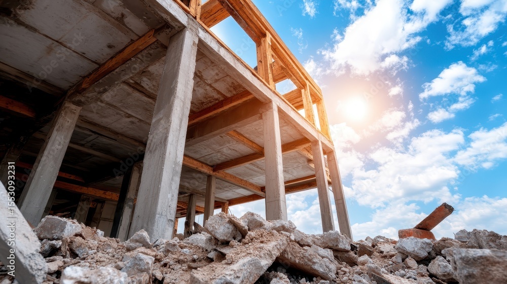 Obraz premium This construction scene reveals a mix of rubble and framework under blue skies, symbolizing progress and transformation in urban development.