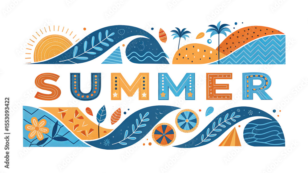 Naklejka premium Colorful Summer Lettering with Abstract Design on Transparent Background