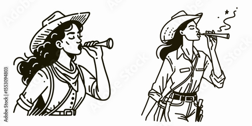 African American Cowgirl Whistling while walking. Western Cartoon Clipart Cowboy Silhouette Line Art Vector Illustration. Dark skinned woman range fashion vocal music during a stroll.