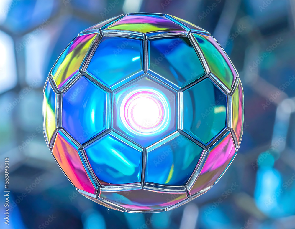 Naklejka premium Iridescent sphere with geometric panels and a bright center. Metaphor for unity, connection, and futuristic design. Great for technology, innovation, or energy concepts.
