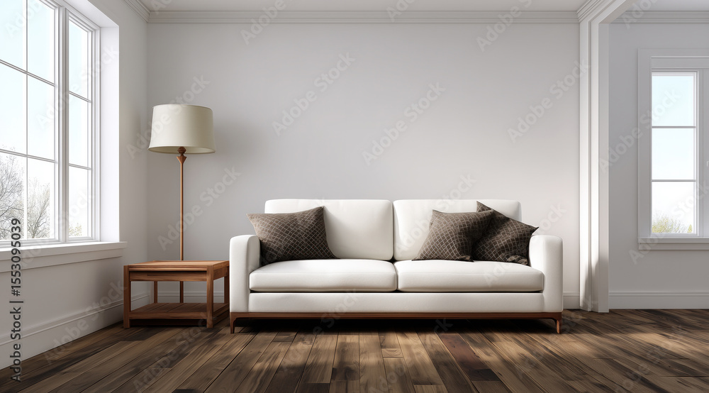 Fototapeta premium Un salon simple aux murs blancs avec fenêtres, parquet en bois foncé, canapé avec coussins, table basse et lampadaire, lumière naturelle traversant la pièce.