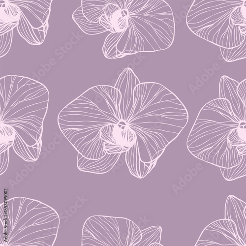 Pattern with pink flowers. Seamless pattern with orchids drawn in delicate line art on a soft purple background. Elegant floral design for fabric, wallpaper, packaging.
