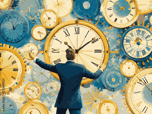 Selective focus. Businessman stands before giant clock, powerless to stop time