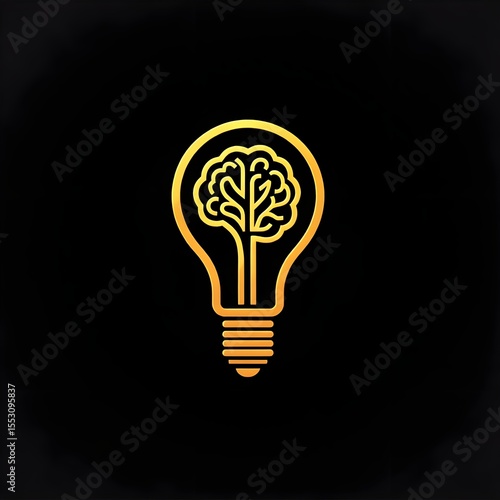 Golden Brain Inside Lightbulb: Abstract Idea Concept,  Modern Minimalist Design,  Dark Background.