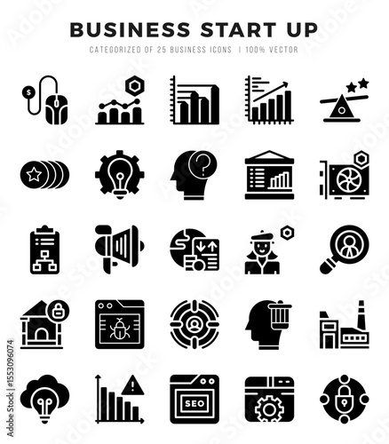 Business Start Up Glyph icons collection. 25 icon set in a Glyph design.