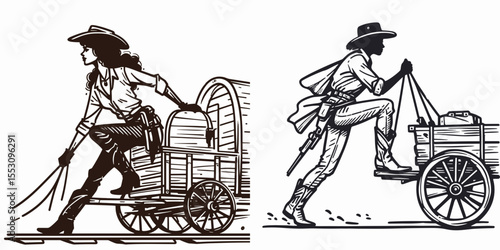 African American Cowgirl Climbing onto wagon. Western Cartoon Clipart Cowboy Silhouette Line Art Vector Illustration. Black woman rancher ascending vehicle cart journey west rural scene.