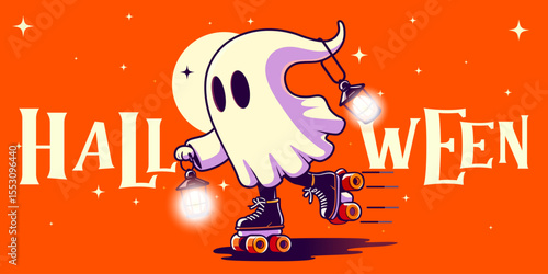 Happy Halloween party greeting card with cute ghost. Halloween Promotion Poster. Halloween horizontal banner. Cute ghost. Ghost riding roller skates. Halloween background with ghost. Illustration