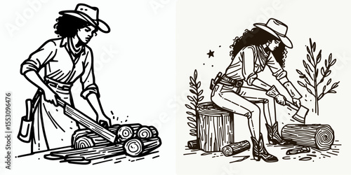African American Cowgirl Chopping wood. Western Cartoon Clipart Cowboy Silhouette Line Art Vector Illustration. Black woman rancher hewing lumber a country lifestyle rural occupation image.