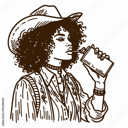 African American Cowgirl Drinking from flask. Western Cartoon Clipart Cowboy Silhouette Line Art Vector Illustration. Black female rancher taking a sip pocket bottle out west portrait.