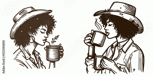 African American Cowgirl Drinking coffee from tin mug. Western Cartoon Clipart Cowboy Silhouette Line Art Vector Illustration. Black woman rancher enjoying beverage metal cup on the farm.