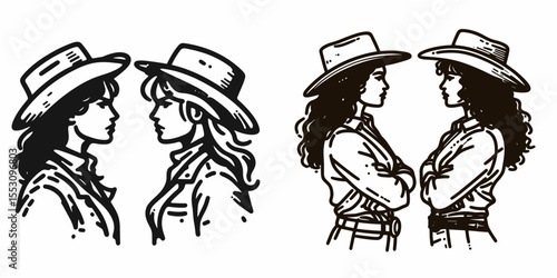 African American Cowgirl Facing off in duel. Western Cartoon Clipart Cowboy Silhouette Line Art Vector Illustration. Black woman rancher showdown wild west challenge old frontier.