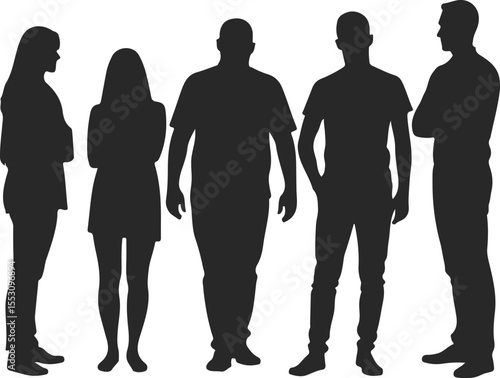 Diverse group of five people standing in silhouette against a white background 
