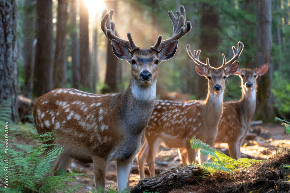 Fototapeta premium Deer herd encounters morning light in lush forest setting during tranquil nature moment