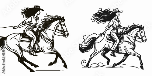 African American Cowgirl Galloping horse. Western Cartoon Clipart Cowboy Silhouette Line Art Vector Illustration. Woman rider on a fast pony black heritage equine activity.