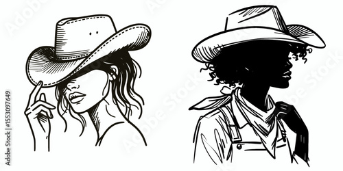 African American Cowgirl Hat tipping. Western Cartoon Clipart Cowboy Silhouette Line Art Vector Illustration. Person of color headwear greeting a sign respect.