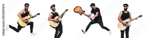 Guitar player isolated over transparent background. He is singing, screaming and jumping. Hipster guitar player with beard and black clothes