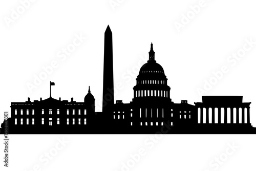 Washington D.C. skyline silhouette with iconic monuments and buildings  