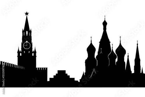 Silhouette of Kremlin and St. Basil's Cathedral in black  