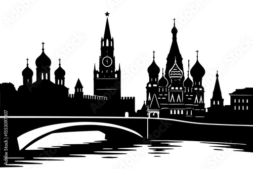 Silhouette of Moscow skyline with Kremlin and St. Basil's Cathedral  