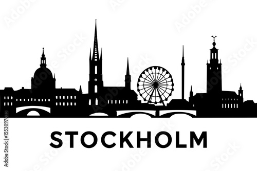 Stockholm skyline silhouette with landmarks and ferris wheel  