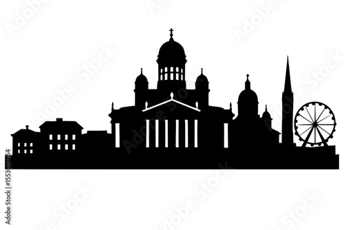Silhouette of historic buildings and a sailboat in Helsinki