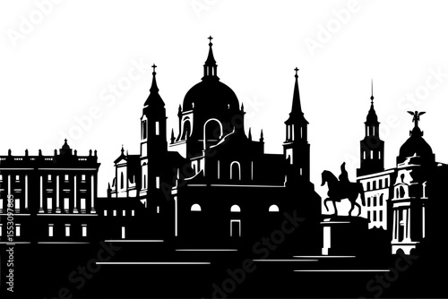 City skyline silhouette with historic architecture and monuments  