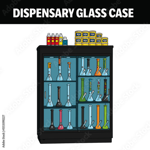 Cartoon Dispensary Glass Case – Display Cabinet with Glass Bongs Illustration
