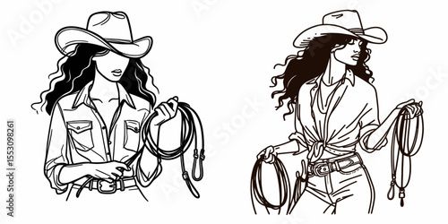 African American Cowgirl Holding reins. Western Cartoon Clipart Cowboy Silhouette Line Art Vector Illustration. Black woman equestrian keeping control of animal guidance straps.