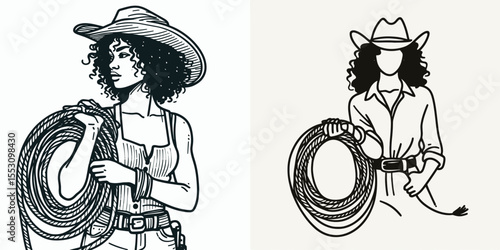 African American Cowgirl Holding rope coil. Western Cartoon Clipart Cowboy Silhouette Line Art Vector Illustration. Female afro-descent ranch worker with loop line heritage image.
