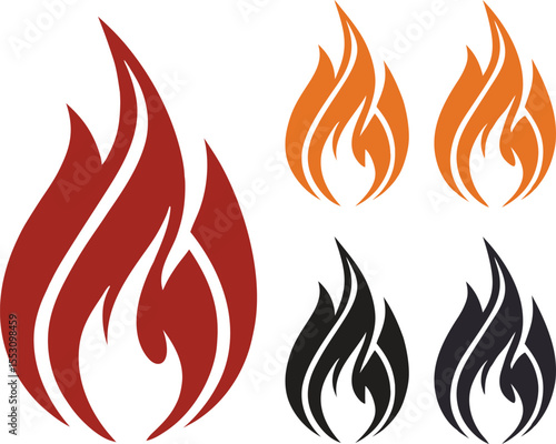 Stylized flame icons in red orange and black on white background