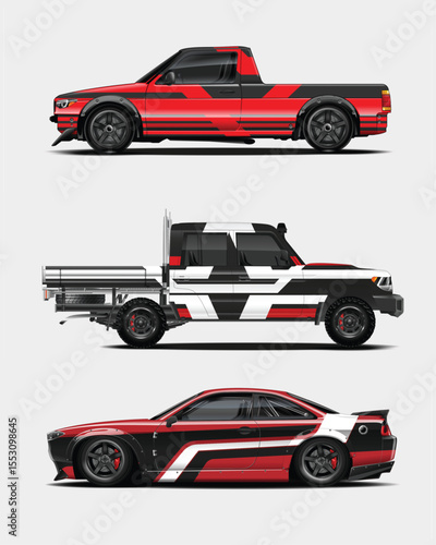 Three Custom Vehicles Pickup Truck Flatbed Truck and Sports Car with Custom Paint