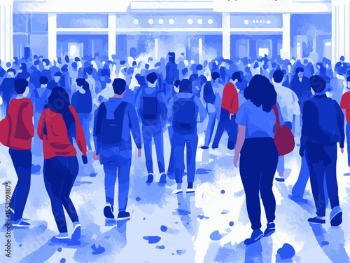 Selective focus. Crowd of students gathered at the entrance of university building