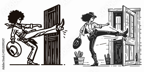 African American Cowgirl Kicking open saloon door. Western Cartoon Clipart Cowboy Silhouette Line Art Vector Illustration. Black female rancher barges into tavern using foot to unveil entry.