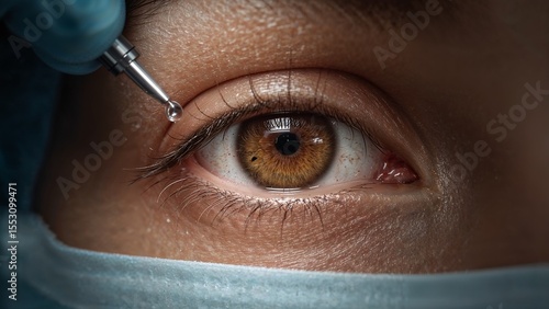 Anesthetic drops in the eye of a latina lady during laser vision correction procedure, close view background