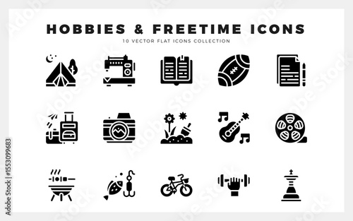 15 Hobbies and Freetime Glyph icons pack. vector illustration.