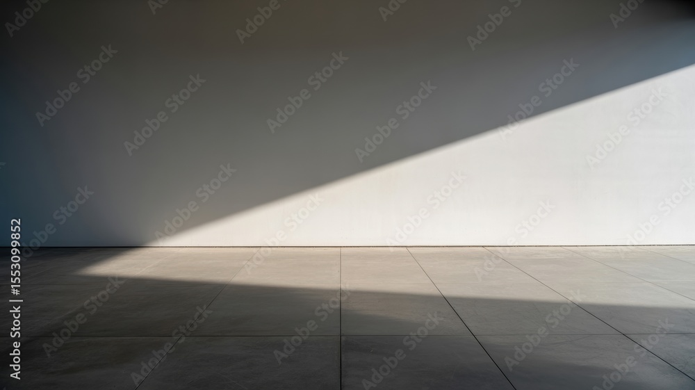 Fototapeta premium Minimalist interior with sunlight casting geometric shadows on tiled floor