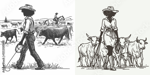 African American Cowgirl Lifting saddle onto horse. Western Cartoon Clipart Cowboy Silhouette Line Art Vector Illustration. Woman rancher placing seat on equine black heritage riding.