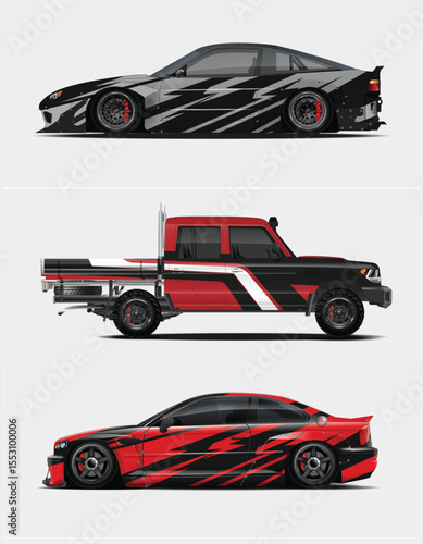 Three Stylized Vehicles Tuned Sports Car Modified Truck and Custom Coupe