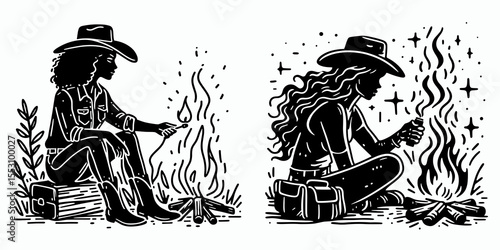 African American Cowgirl Lighting campfire. Western Cartoon Clipart Cowboy Silhouette Line Art Vector Illustration. Black rancher woman with flame near logs in outdoor area.