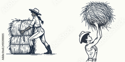 African American Cowgirl Lifting hay bale. Western Cartoon Clipart Cowboy Silhouette Line Art Vector Illustration. Black woman rancher hoisting bundle of dried grass farm life and labor.