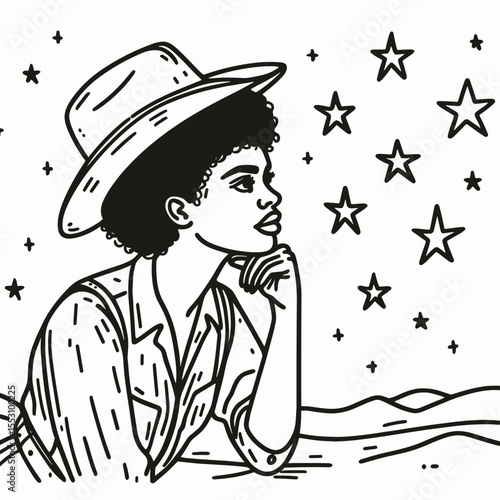 African American Cowgirl Looking at stars. Western Cartoon Clipart Cowboy Silhouette Line Art Vector Illustration. Dark skinned ranch woman gazing sky light theme freedom.