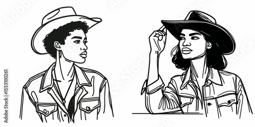 African American Cowgirl Looking into distance. Western Cartoon Clipart Cowboy Silhouette Line Art Vector Illustration. Black female rancher gazing afar in open country heritage woman.