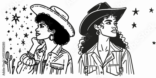 African American Cowgirl Looking at stars. Western Cartoon Clipart Cowboy Silhouette Line Art Vector Illustration. Black ranch woman stargazing lifestyle rural scene night view cosmos.