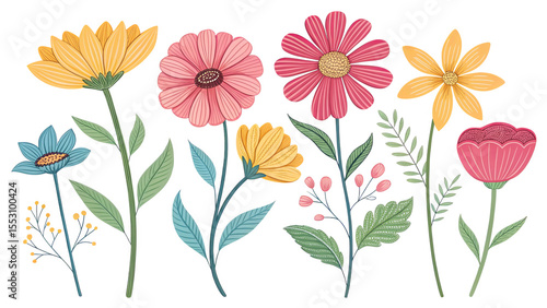 Wallpaper Mural Assorted springtime flowers in warm colors with green leaves, great for botanical designs, posters, or seasonal prints.
 Torontodigital.ca