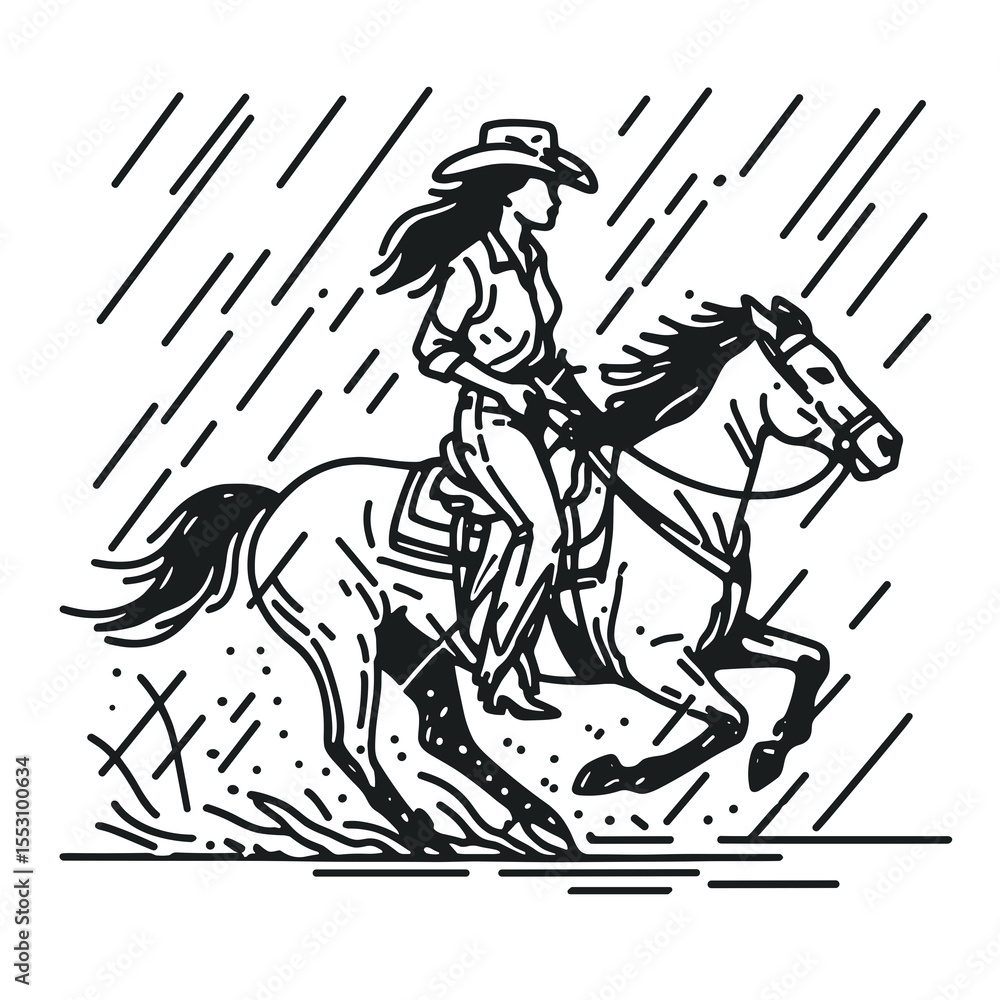 Fototapeta premium African American Cowgirl Riding in rain. Western Cartoon Clipart Cowboy Silhouette Line Art Vector Illustration. Female equestrian of color mounts horse during a downpour on the prairie.