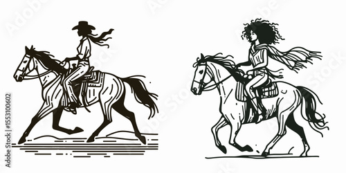 African American Cowgirl Riding a horse. Western Cartoon Clipart Cowboy Silhouette Line Art Vector Illustration. Black woman equestrian on equine heritage theme open range activity.