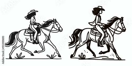 African American Cowgirl Riding a horse. Western Cartoon Clipart Cowboy Silhouette Line Art Vector Illustration. Black female rancher upon steed heritage equestrian sport.
