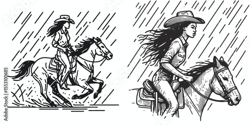 African American Cowgirl Riding in rain. Western Cartoon Clipart Cowboy Silhouette Line Art Vector Illustration. Black female wrangler astride equine going through downpour country action.